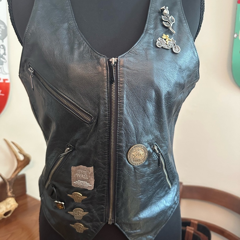 Black Leather Vest with Zipper and Patches